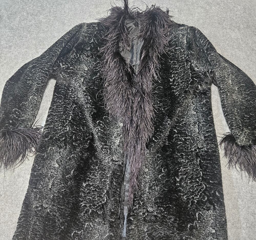 Vintage 80s 90s Faux Astrakhan Ostrich Feather Trim Duster Coat